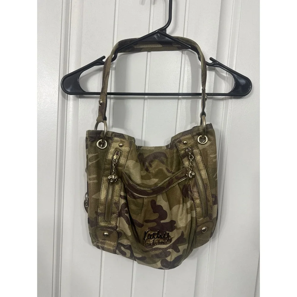 Kathy Van Zeeland Metallic Camouflage Hobo Bag Gold Green Camo Y2K Heart Charm